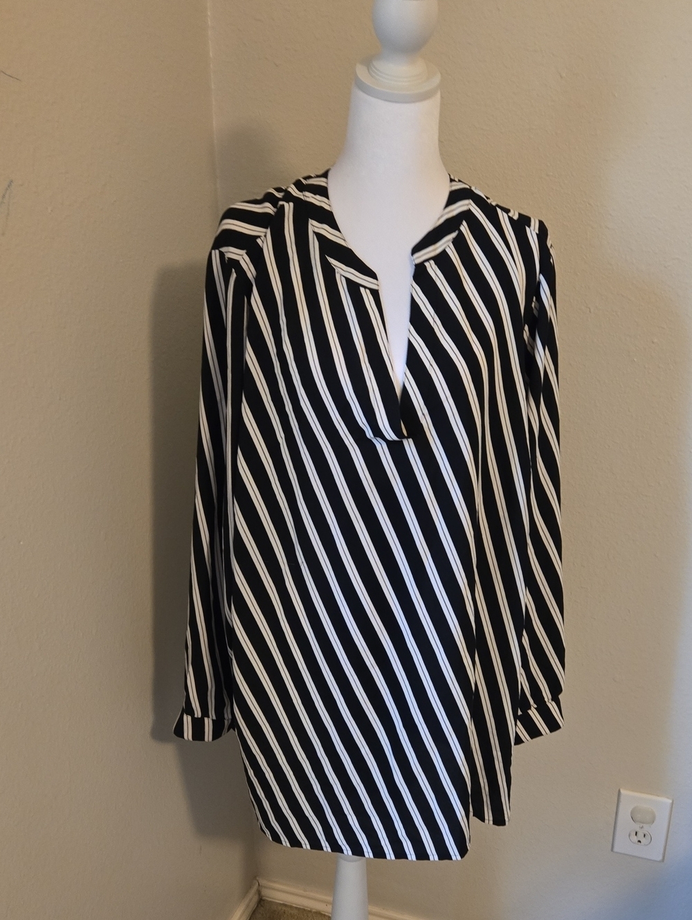 Anne Klein Split Neck Double Bias Stripe Blouse